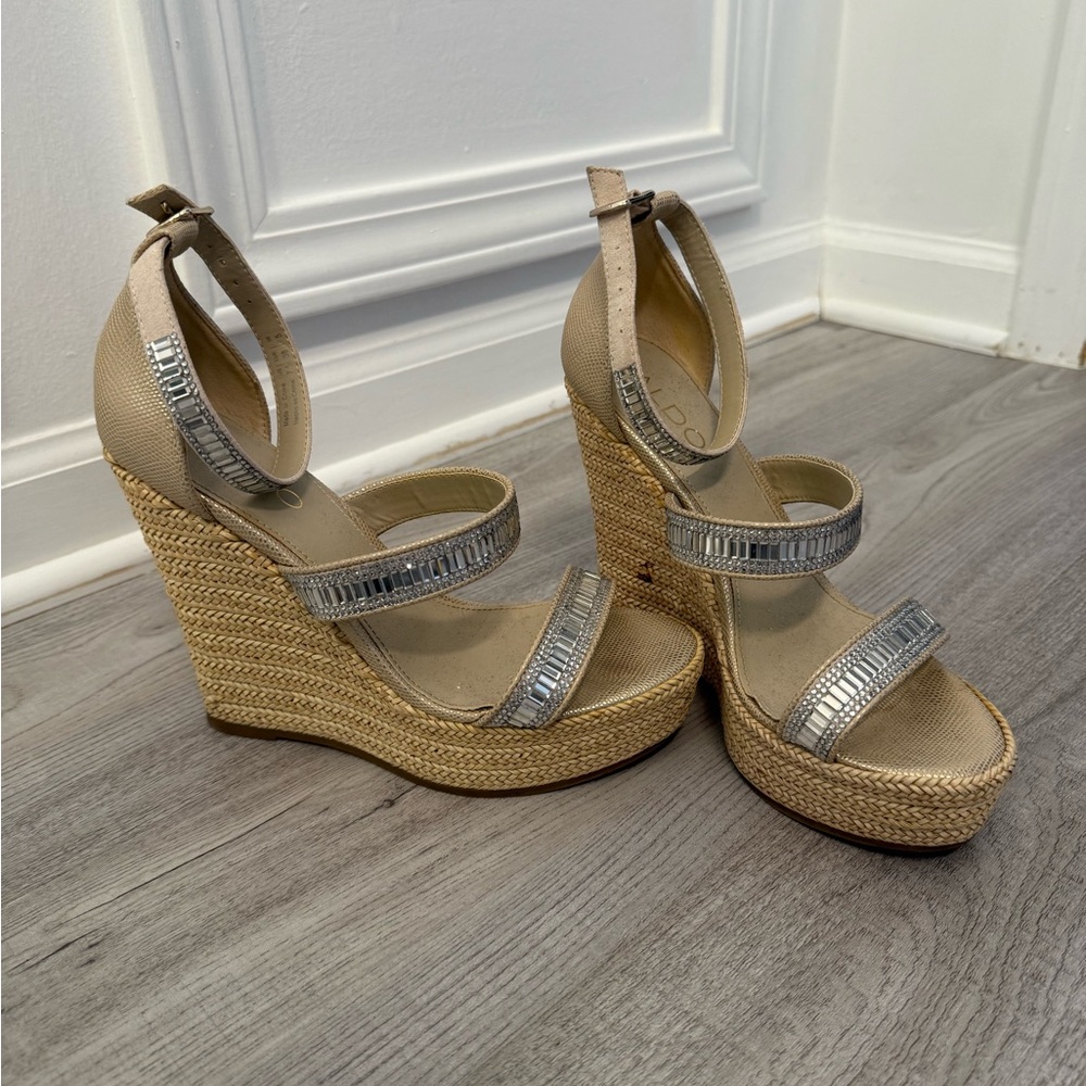Elegant Silver and Tan Wedge Sandals